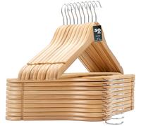 edihome, Grucce Legno, Confezione da 50, Appendiabiti con Scanalature su Spalle, Gancio Girevole a 360° e Barra Portapantaloni Antiscivolo, per Completi Camicie Cappotti (Legno, 50 unità)