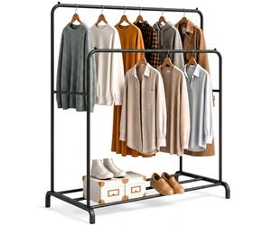 edihome, Stand Appendiabiti, Doppio, 110 x 150 x 54 cm, Vestitore, Appendiabiti da Terra, Resistente, Metallico, con Supporto per Scarpe (Nero Doppio)