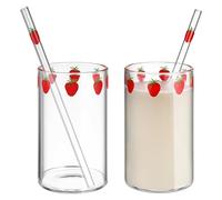 EdirFtra Set di 2 Bicchieri a Stampa di Fragole Resistenti al Calore, Bicchieri in Vetro, Bicchieri per Bevande di Succo di Frutta/Latte con Disegno Carino (260ml)