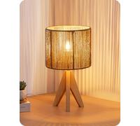 EDISHINE Lampada da Comodino con Treppiede in Legno Massiccio, Lampadina E27 2700K 4W Inclusa, Paralume in Corda Intrecciata a Mano, 20 x 20 x 36 cm, Lampada da Tavolo Moderna per Camera, Soggiorno