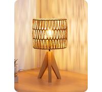 EDISHINE Lampada da Comodino con Treppiede in Legno Massiccio, Lampadina E27 2700K 4W Inclusa, Paralume in Corda Intrecciata a Mano, 20 x 20 x 36 cm, Lampada da Tavolo Moderna per Camera, Soggiorno