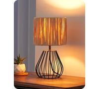 EDISHINE Lampada da Comodino Vintage, Abat-jour Boho in Carta Raphia e Base a Gabbia in Ferro, Lampadina LED E14 Inclusa, Luce a 2700K Bianco Caldo, Lampada da Tavolo per Camera, Salotto, Ufficio