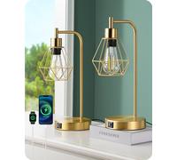 EDISHINE Lampada da tavolo touch dimmerabile industriale set di 2, lampada da comodino con 2 porte USB, paralume a forma di diamante, lampada da tavolo vintage industriale E27, oro
