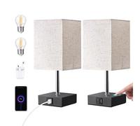 EDISHINE Lampade da Comodino Touch Set di 2, con Porta di Ricarica USB-A e USB-C, Lampadina LED E27 Inclusa, 3 Luminosità per Camera da Letto, Soggiorno, Hotel, Paralume in Lino