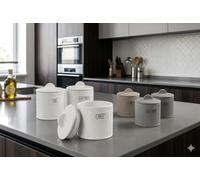 EDITACASA - Set 3 Barattoli Ceramica Moderni per Cucina - Contenitori per Caffè, Zucchero e Sale con Coperchio, Design Minimalista a Righe Verticali, Colori Assortiti Eleganti, Dimensioni 10x12 cm