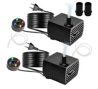 Editbar 2 mini pompe d'acqua da 5 W, da giardino, silenziose, per fontane interne, acquario, stagno, cascata, mini pompa regolabile con 4 luci LED colorate, ugelli e tubi, 350 l/h, altezza massima 85
