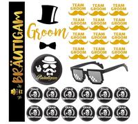 Editbar JGA - Set di 28 accessori da uomo, decorazione per feste di addio al celibato, 13 spille, 1 fascia, 13 adesivi per tatuaggi, 1 occhiali a mosaico, accessori da matrimonio per uomo JGA Party