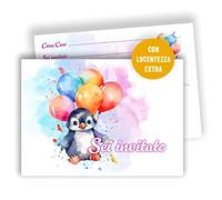 Edition Colibri - Biglietti d’invito festa di compleanno bambini tema pinguino - Set da 10 carte A6 da compilare - Design carino con palloncini - Per bambine e bambini