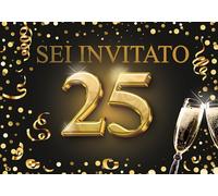 Edition Colibri Biglietti d'invito per il 25º compleanno, set da 10, formato A6, set di carte, da compilare, invito, giubileo, festa, nero, oro