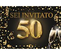 Edition Colibri Biglietti d'invito per il 50º compleanno, set da 10, formato A6, set di carte, da compilare, invito, giubileo, festa, nero, oro