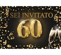 Edition Colibri Biglietti d'invito per il 60º compleanno, set da 10, formato A6, set di carte, da compilare, invito, giubileo, festa, nero, oro