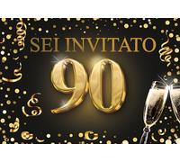Edition Colibri Biglietti d'invito per il 90º compleanno, set da 10, formato A6, set di carte, da compilare, invito, giubileo, festa, nero, oro