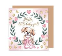 Edition Seidel Biglietto di auguri quadrato di alta qualità per nascita, con busta, biglietto di auguri per bambini, biglietto di auguri con testo in inglese Welcome Baby Baby Girl Cane Rosa (EQ135