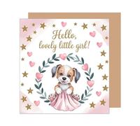 Edition Seidel Biglietto di auguri quadrato di alta qualità per nascita, con busta, biglietto di auguri per bambini, biglietto di auguri con testo in inglese Welcome Baby Baby Girl Cane Rosa (EQ134