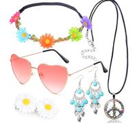 Edmirfun Hippie Costume Set Retrò Accessori,Bohemia Set Costume,Costume Anni '60 Anni '70,Occhiali da Sole,Orecchini,Collana,60s Accessori per Feste,Segno di Pace Fascia Hippie,Carnevale festa a tema