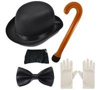 Edozos Costume da Charlie Chaplin, personaggio del film silenzioso degli anni '20, per adulti, kit da 5 pezzi, cappello a bombetta nero + baffi di Charlie + papillon + guanti + bastone gonfiabile