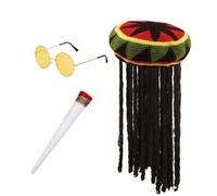 Edozos Kit per costume rastafariano, Bob Marley, con cappello dreadlock, finti occhiali da sole reggae, per uomini e donne, per feste a tema giamaicano, per la spiaggia dei Caraibi, Halloween e