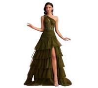 EDQPLL Abiti da damigella d'onore a sirena con una spalla, strascico, abiti formali sexy for le donne con spacco frontale for abiti da ballo, da sera e da festa.(Green,S)