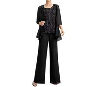 EDQPLL Elegante tailleur pantalone in chiffon a 3 pezzi for la madre della sposa | Set giacca con applicazioni in pizzo e pantaloni formali for matrimoni(Nero,24W)