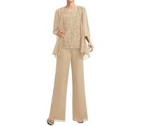 EDQPLL Elegante tailleur pantalone in chiffon a 3 pezzi for la madre della sposa | Set giacca con applicazioni in pizzo e pantaloni formali for matrimoni(Champagne,6)