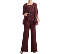 EDQPLL Elegante tailleur pantalone in chiffon a 3 pezzi for la madre della sposa | Set giacca con applicazioni in pizzo e pantaloni formali for matrimoni(Borgogna,10)