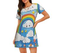 EdsfFehs Camicia da notte a maniche corte da donna con stampa a gocce di pioggia arcobaleno nuvole, comoda e traspirante, Nero , XL