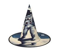EdsfFehs Cappello di Halloween con stampa astronauta sulla luna,Copricapo da mago a tesa larga divertente a punta,Forniture pieghevoli per festival