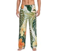 EdsfFehs Foglie comode della vegetazione del salone degli uomini con i pantaloni del pigiama della stampa dei fiori dell'ibisco con il cordone e le tasche, Nero , XL