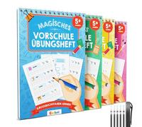 Edubini Quaderni magici prescolari a partire da 5 ragazzi e ragazze - [4 tasche + penna] - Quaderno di scrittura riutilizzabile per scuola materna - imparare le lettere, imparare a scrivere, imparare