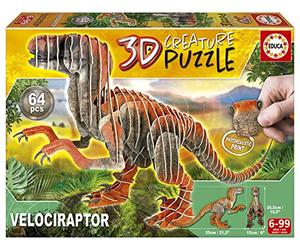 Educa - Puzzle della creatura Velociraptor. Assembla il tuo Dinosauro 3D, lungo 55 cm e alto 26,5 cm, 64 pezzi di cartone riciclato. Immagini fotorealistiche. A partire da 5 anni (19382)