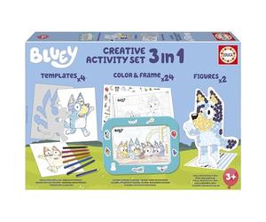 Educa - Set creativo Bluey 3 in 1 con tre attività: dipingere con i numeri, creare 2 figure 3D da decorare e disegnare i personaggi della serie Bluey con gli stencil. Da 3 anni in su (19887)