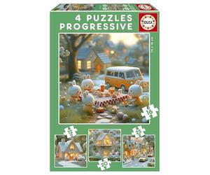 Educa - Set di 4 puzzle progressivi per bambini da 12 a 25 pezzi. La città dei conigli. Dimensioni: 16 x 16 cm. Consigliato dai 3 anni (20217)
