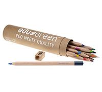eduGREEN® - Set da 16 - 1 rotolo di cartone con 13 matite colorate, 1 penna (grafite) con mina di qualità da 5 mm, 1 temperamatite per legno, legno da coltivazione certificata, vernice solubile in
