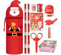 EduPlayte Astuccio in silicone 2 in 1 - Kawaii Babbo Natale + 7 set di matite + taccuino - portapenne da tavolo con chiusura lampo, portapenne, matite colorate, accessori per la scuola, ragazze e