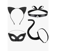 EduPlayte Carnevale Gatto Donna Set, di Accessori 4 Pezzi, con Maschera da Gatto Nera, Fascia con Orecchie di Gatto, Coda di Gatto Collana con Campana, Carnevale, Kit di Accessori per Animali