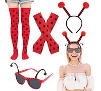 EduPlayte Costume Coccinella Donna, 4 Pezzi Costume Ladybug con Coccinella Cerchietto per Capelli Occhiali Guanti Orecchini, Costumi da Coccinella Bambina Donna per Carnevale Halloween e Cosplay