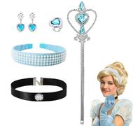 EduPlayte Costume da principessa Cenerentola, da ragazza, da principessa, da donna, con corona, accessorio per capelli blu, con strass, set di gioielli per Halloween, costume di carnevale