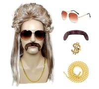 EduPlayte Costume Retro Anni 70 80 per Uomini - Parruca Mullet con Baffi, Occhiali, Collana Oro & Anello Dollaro - Per Festa Anni 70 80, Travestimento Rock Star, Outfit Halloween