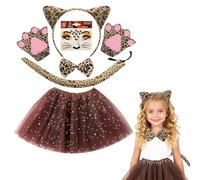 EduPlayte Costume Stampa Leopardo per Donne - Vestito Ghepardo con Fascia Orecchie, Guanti, Coda & Strass Viso, Travestimento Stampa Animale per Halloween, Festa, Cosplay
