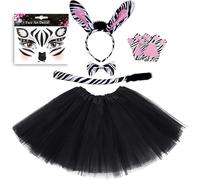 EduPlayte Costume Zebra Carino per Ragazza e Donna, Vestito Nero con Coda a Strisce Bianche, Fascia con Orecchie, Fiocco, Guanti & Tatuaggio Viso, Outfit Festa Animale Adorabile