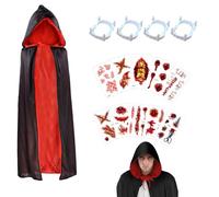 EduPlayte Mantello Vampiro con Cappuccio, con 4 Pezzi Dentiera da Vampiro + 10 Pezzi Tatuaggi Temporanei Cicatrici, Mantello Lungo Unisex Adulto per Halloween, Perfetto per Feste a Tema