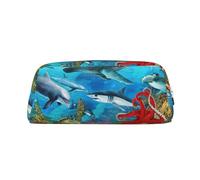 EdWal Astuccio grande con stampa di delfini tartaruga marina squalo polpo barriera corallina astuccio grande astuccio cancelleria portapenne ufficio college scuola trucco borsa, Argento, One Size,