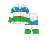 EdWal Bandiera della Repubblica di Uzbekistan stampa pigiama set per donne donne pigiama set moda manica lunga camicia e pantaloni a lunghezza intera, Nero , L