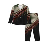 EdWal Baseball Lace Close Up3 stampa pigiama Set per le donne Donne Pigiama Set Moda Manica Lunga Camicia e Fondo a Lunghezza Completa, Nero , L