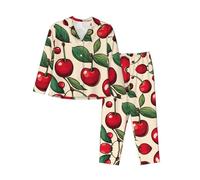 EdWal Bella dolce ciliegia rossa 2 stampa pigiama Set per le donne Set pigiama moda camicia a maniche lunghe e pantaloni a lunghezza intera, Nero , XXL