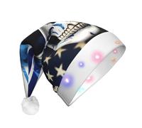 EdWal Berretto natalizio a righe blu, con stampa a teschio e stelle, cappello natalizio con luci a LED, cappello invernale unisex