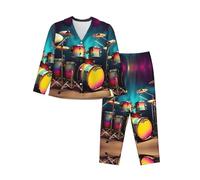 EdWal Cool Drums Set pigiama con stampa per donne Set pigiama da donna Camicia a maniche lunghe alla moda e pantaloni a lunghezza intera, Nero , M