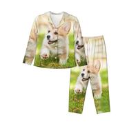 EdWal Corgi, pigiama da donna con stampa di cuccioli, camicia a maniche lunghe alla moda e pantaloni lunghi, Nero , S