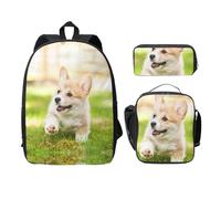 EdWal Corgi - Zaini con stampa cucciolo e astuccio per il pranzo, 3 pezzi, leggero per la scuola media, Nero , Taglia unica