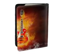 EdWal Custodia per passaporto con chitarra rock in fiamme, con porta carte di credito, in pelle, per donne e uomini, per la famiglia, da viaggio, Nero , Taglia unica